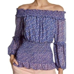 Max Edition Off-Shoulder Floral Blouse - Blue and Pink Medium